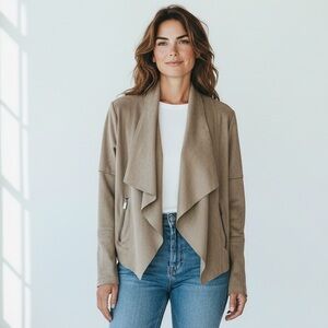 Baccini Tan/Taupe Suede Feel, Open Front Jacket. Drape Collar. Long Sleeves